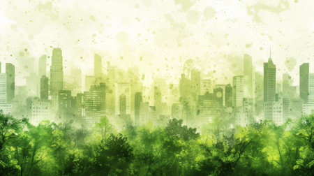 A painting of a city skyline with trees in the foreground, AIの素材