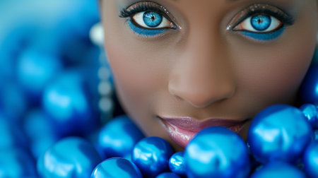 A woman with blue eyes surrounded by a bunch of pearls, AIの素材