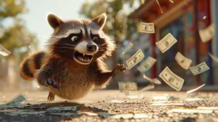 A raccoon is running through the streets with money flying around, AIの素材