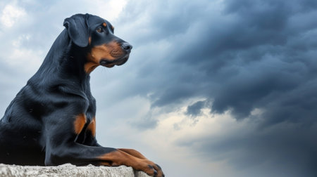 A dog laying on a wall with cloudy sky in the background, AIの素材