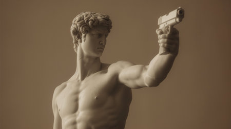 A statue of a man holding up his gun in the air, AIの素材