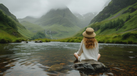 A woman sitting on a rock in the middle of water, AIの素材