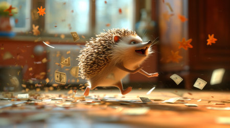 A hedgehog is running through a room with money falling from the air, AIの素材