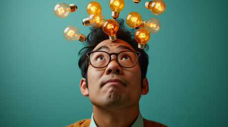 A man with glasses and light bulbs on his head, AIの素材