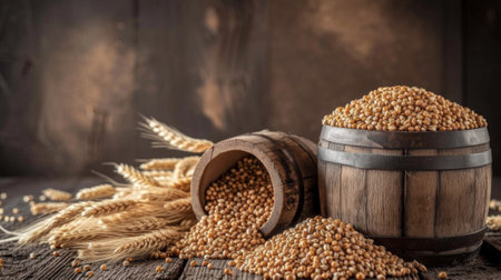 Wheat and barley on a wooden table with some ears of wheat, AIの素材