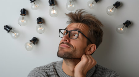 A man with glasses and a beard looking up at light bulbs, AIの素材