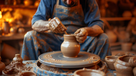 A man making a pottery vase on the wheel of his hand, AIの素材