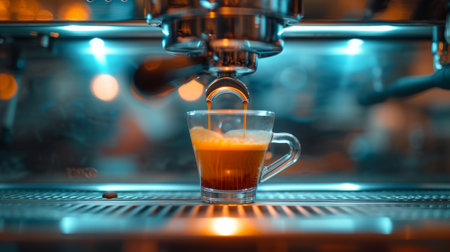 A cup of coffee being poured into a glass from an espresso machine, AIの写真素材