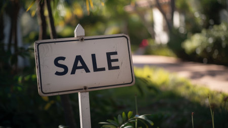 A sale sign in front of a house with trees and grass, AIの素材