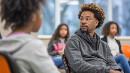 A man sitting in a chair with other people around him, AIの素材