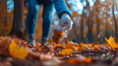 A person picking up a leaf from the ground in autumn, AIの素材
