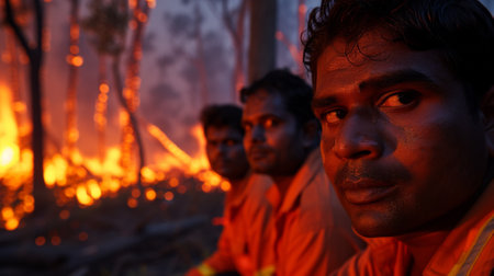 A group of men in orange shirts are looking at a fire, AIの素材