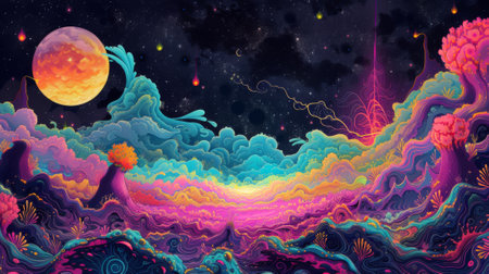 A psychedelic painting of a moon and ocean with colorful clouds, AIの素材