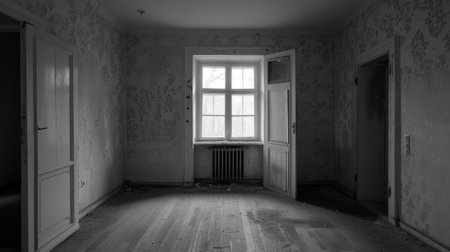A room with a window and wooden floors in an empty house, AIの素材