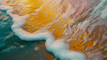 A close up of a wave crashing into the ocean with foam, AIの素材
