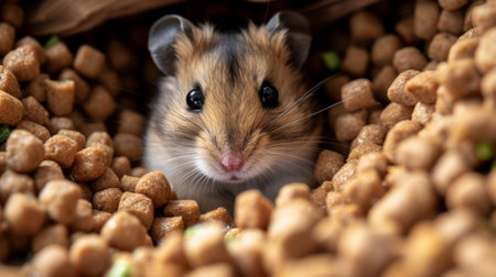 A hamster peeking out from a pile of food pellets, AIの素材