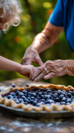 A person helping another to reach into a pie with blueberries, AIの素材