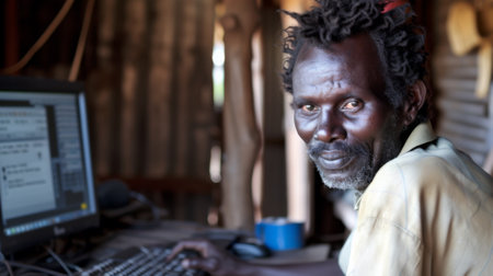 A man with dreadlocks sitting at a desk using his computer, AIの素材