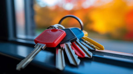 A bunch of keys are sitting on a window sill, AIの素材