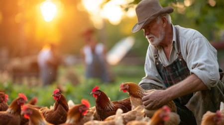 A man in hat and overalls tending to a flock of chickens, AIの素材