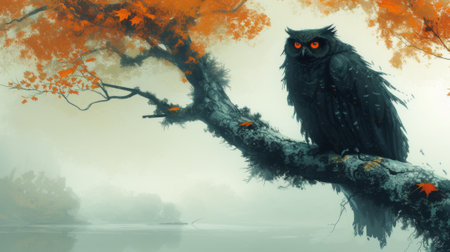 A black owl perched on a tree branch with orange eyes, AIの素材