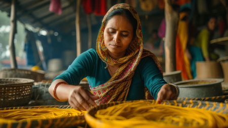 A woman in a blue shirt working on baskets of yarn, AIの素材