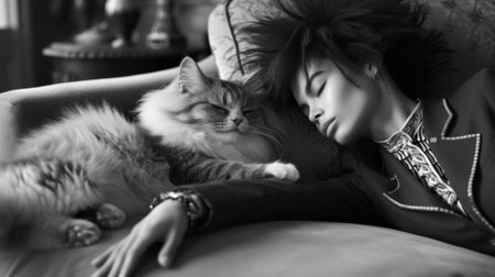 A woman laying on a couch with her cat next to her, AIの素材