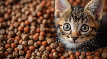 A kitten peeking out from behind a pile of food, AIの素材