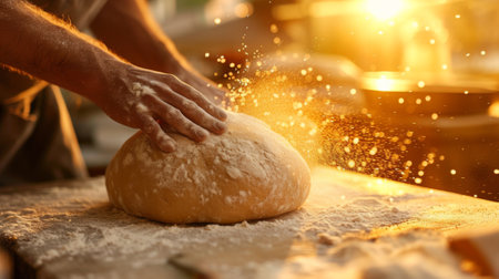 A person kneading dough on a table with flour sprinkled all over it, AIの素材