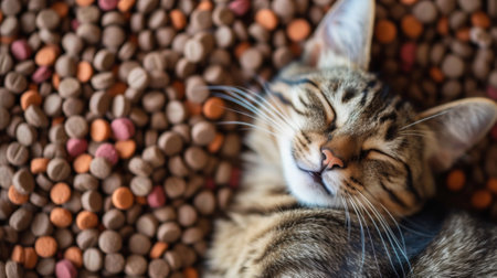 A cat sleeping on a pile of cats food and treats, AIの素材
