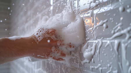 A person washing a white tile wall, AIの素材