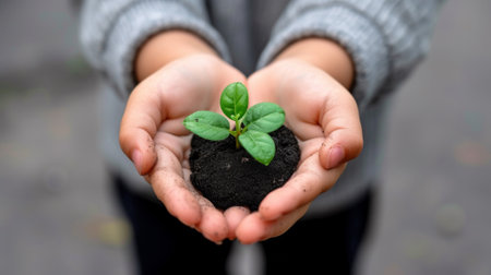 A person holding a small plant in their hands with dirt, AIの素材