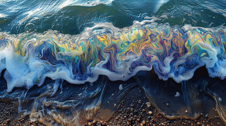 A close up of a wave crashing into the shore with colorful foam, AIの素材