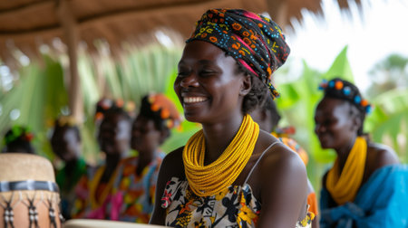 A group of women in colorful headdresses smile and laugh, AIの素材