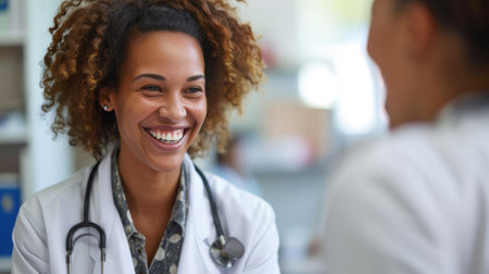 A smiling woman in a white coat talking to another person, AIの素材