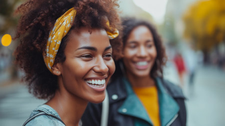 Two women with afros smiling and laughing together, AIの素材