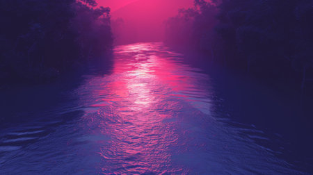 A river with a pink sunset behind it and trees in the foreground, AIの素材
