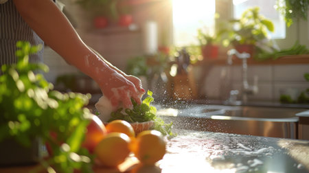A person washing vegetables on a counter top with water, AIの素材