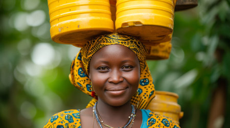 A woman with a yellow headband on her forehead carrying buckets of water, AIの素材