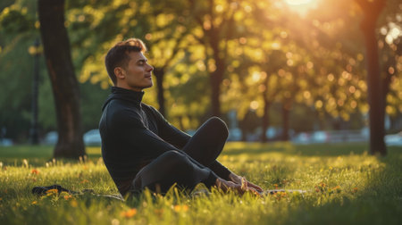 A man sitting on the grass in a park with trees behind him, AIの素材