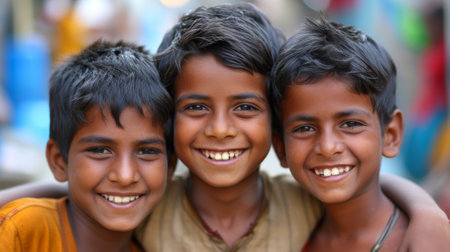Three young boys smiling for the camera in a group, AIの素材