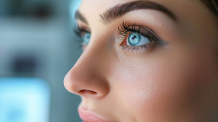 Foto de A close up of a woman with blue eyes looking at something, AI - Imagen libre de derechos