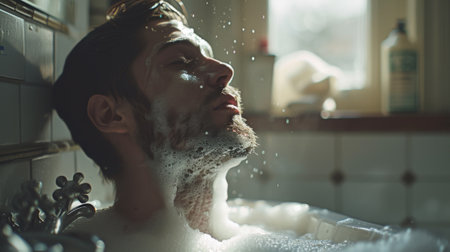 A man with beard in a bathtub of water and foam, AIの素材