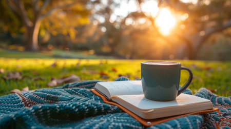 A cup of coffee sitting on top of a book in the grass, AIの素材