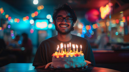A man with a cake in front of him and lit candles, AIの素材
