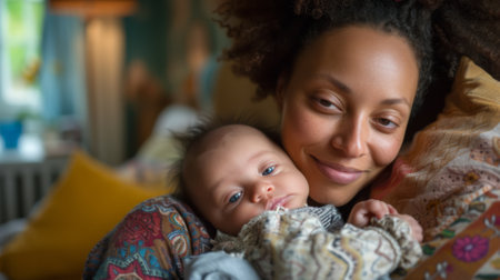 A woman holding a baby on her lap while laying down, AIの素材
