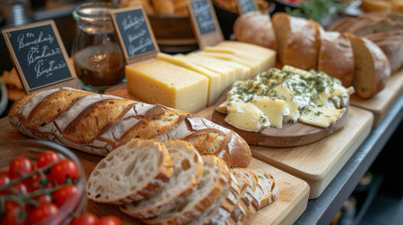 A display of a table with bread, cheese and tomatoes on it, AIの素材