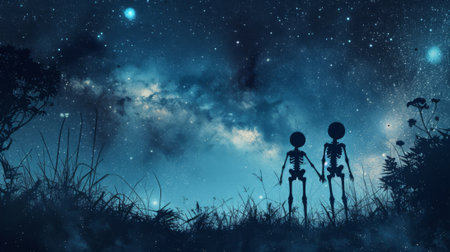 Two skeletons are standing in the grass under a starry sky, AIの素材