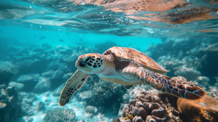 A turtle swimming over a coral reef in the ocean, AIの素材