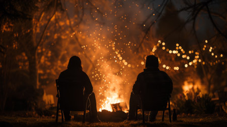 Two people sitting in chairs near a fire with lights, AIの素材